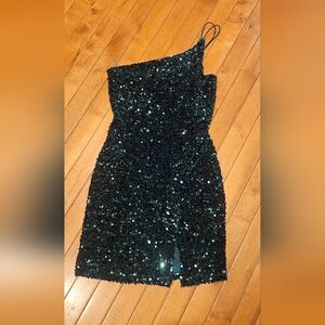 Crystal Doll Black Sequin One Shoulder Dress